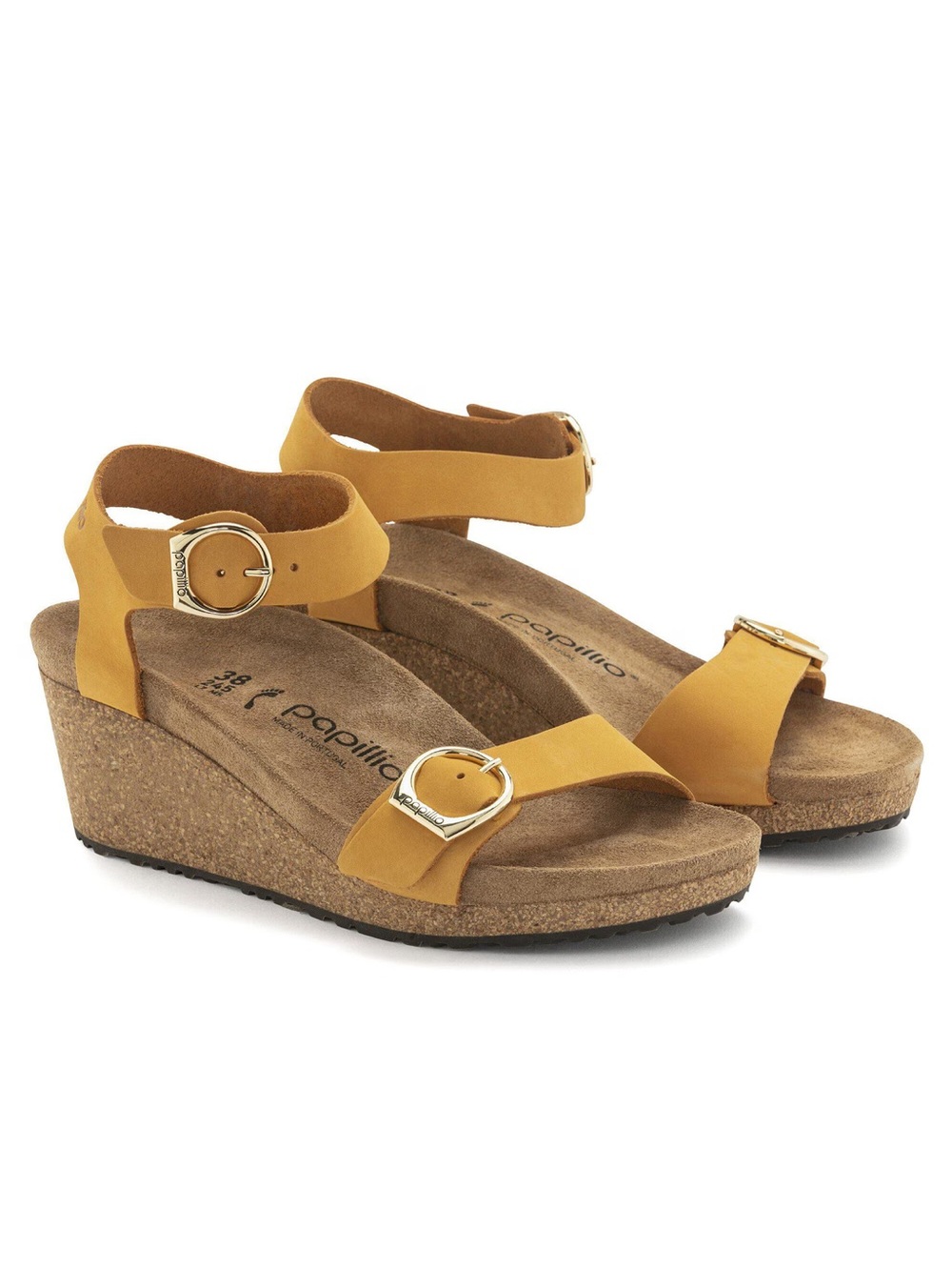 Birkenstock Papillio Tan Suede Platform Sandal with Gold Buckles